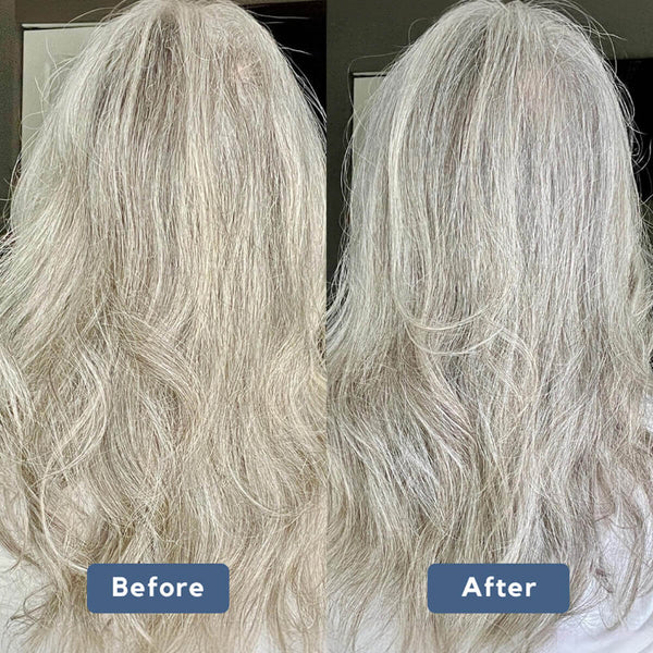 Lifestyle shot of Debbie using Plaine Products Purple Shampoo on grey hair
