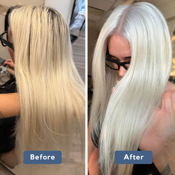 Before and after comparison of hair color transformation, with 'Before' on the left and 'After' on the right.