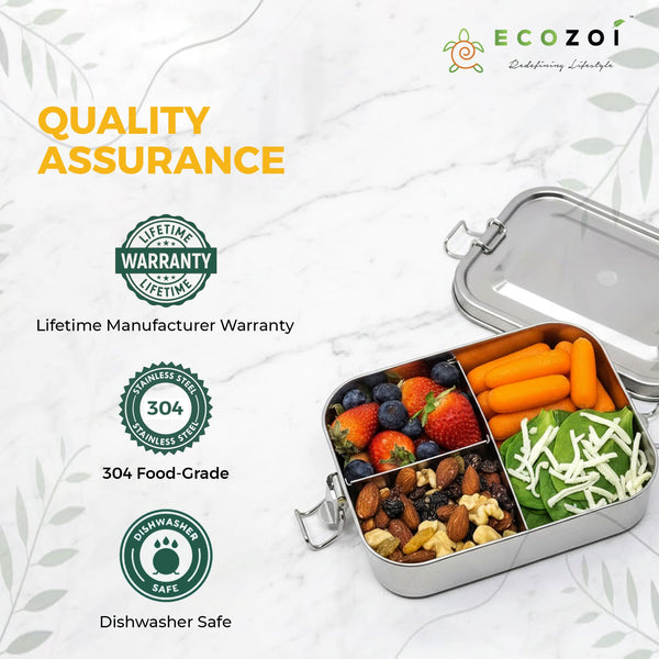 Ecozoi 3-Compartment Stainless Steel Bento Lunch Box – Leakproof, 24 Oz