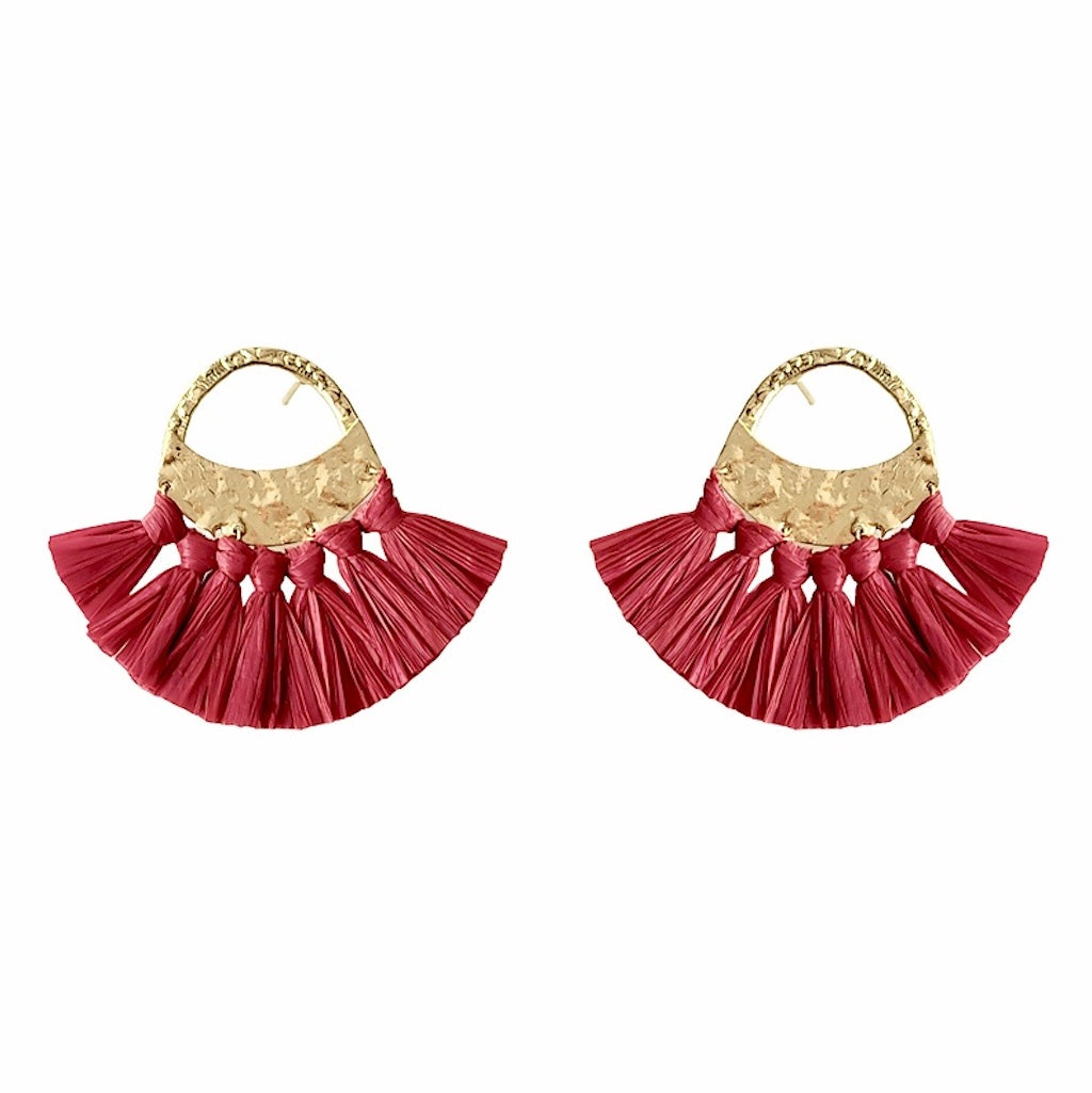 Pair of red tassel earrings with gold circular accents on a white background