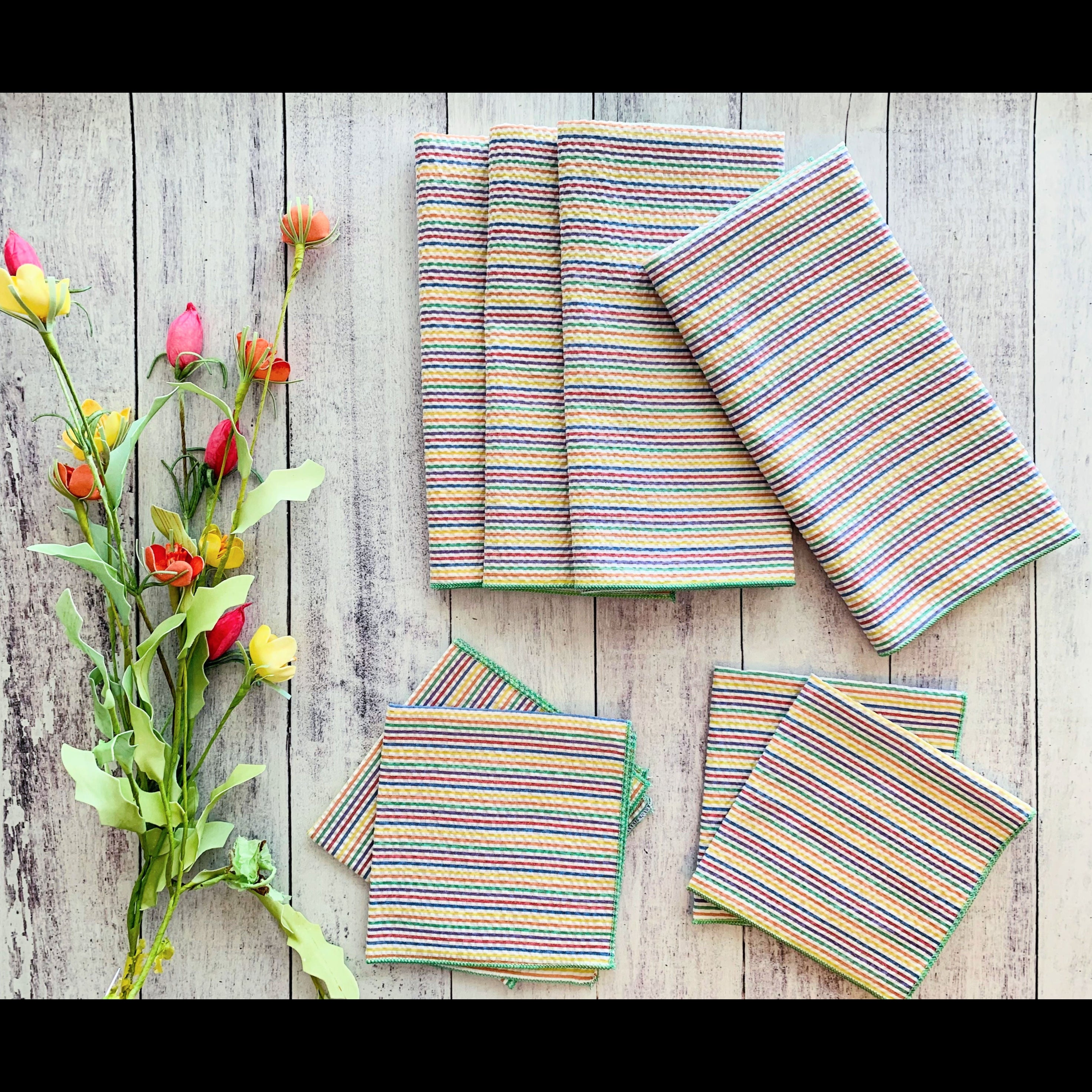 Set of four rainbow stripe seersucker cloth napkins by Dot and Army, made in Georgia