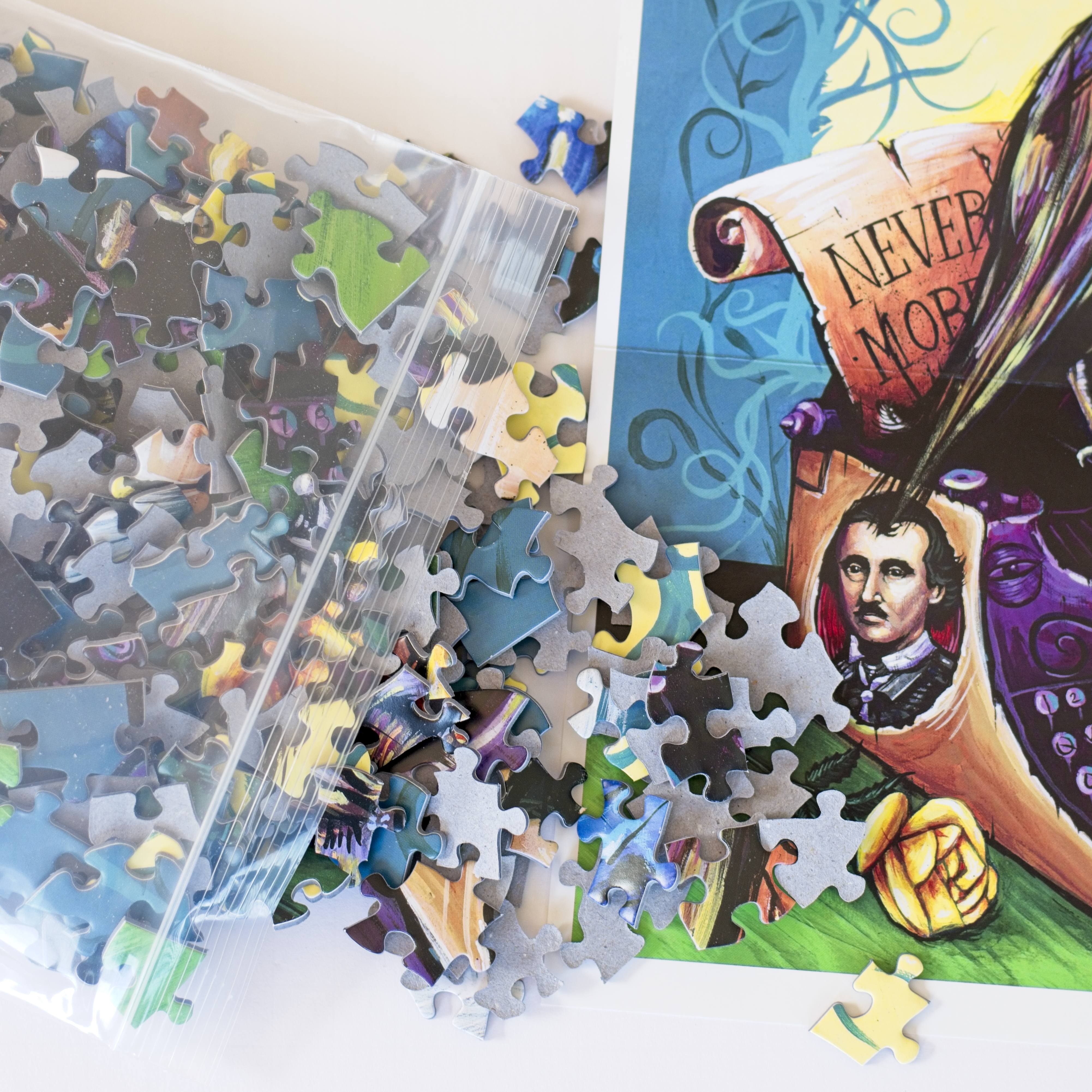 Reusable resealable bag of Raven Never More puzzle pieces