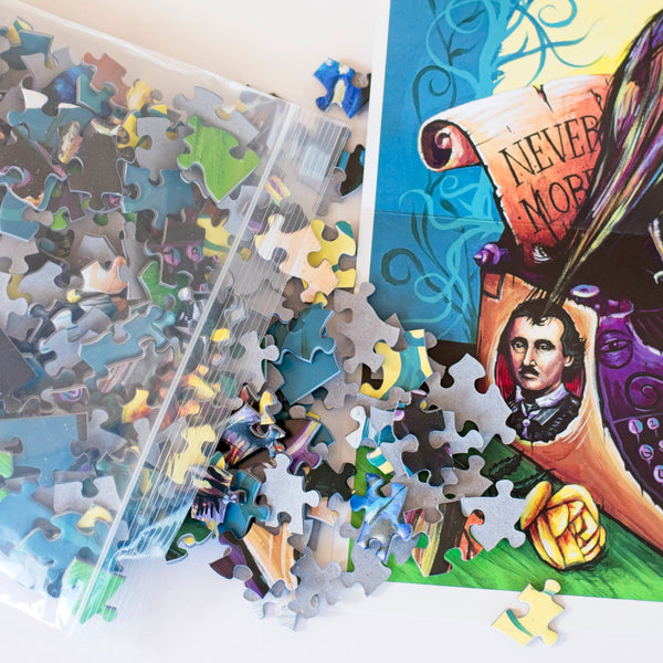 Reusable resealable bag of Raven Never More puzzle pieces