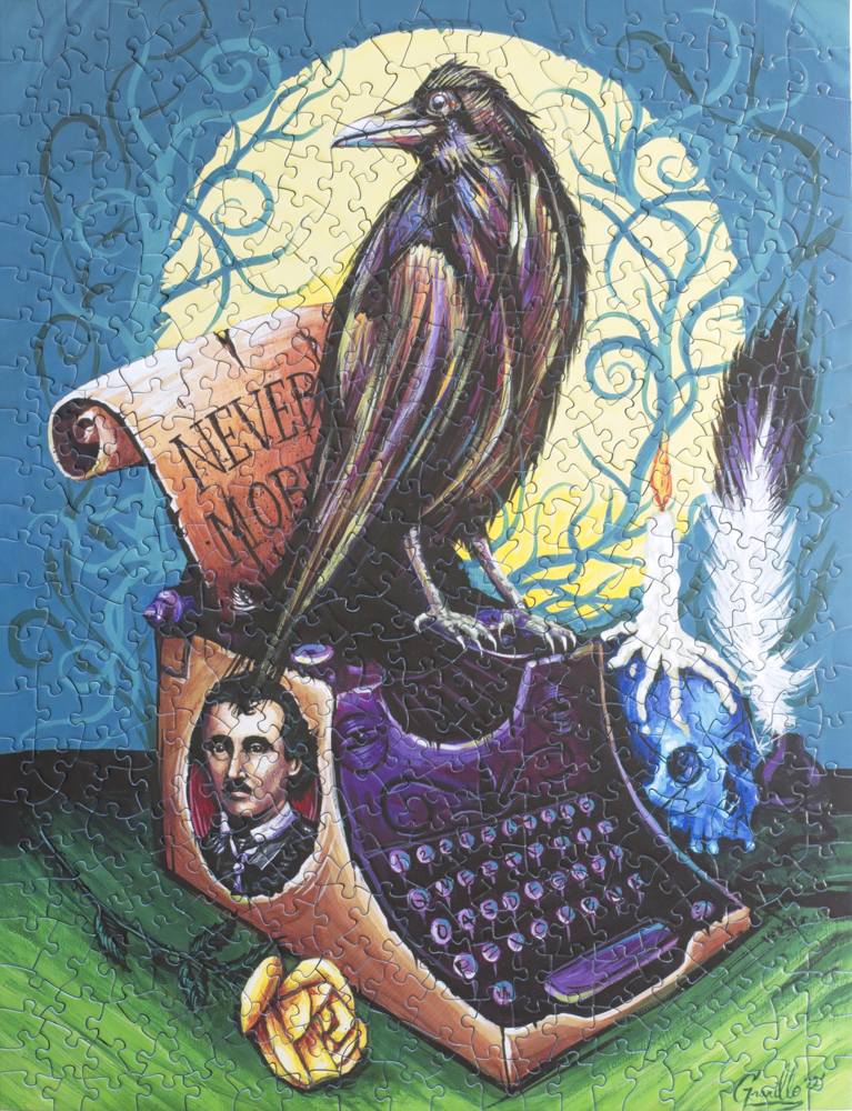 Completed Raven Never More 500 piece jigsaw puzzle with Edgar Allan Poe inspired gothic raven artwork by Chris Granillo