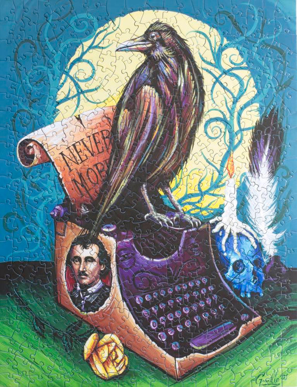 Completed Raven Never More 500 piece jigsaw puzzle with Edgar Allan Poe inspired gothic raven artwork by Chris Granillo
