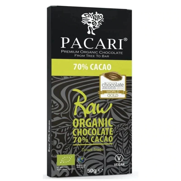 Pacari raw organic chocolate bar packaging with 70% cacao on a white background. Discover the exquisite taste of Pacari's Raw Unroasted Organic Chocolate Bar. This 70% cacao bar, made with Fair Trade and Vegan Arriba Nacional beans, is the perfect Christmas gift for any chocolate connoisseur.