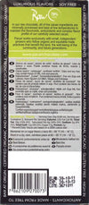 Back of a Raw chocolate bar packaging with green label and text.