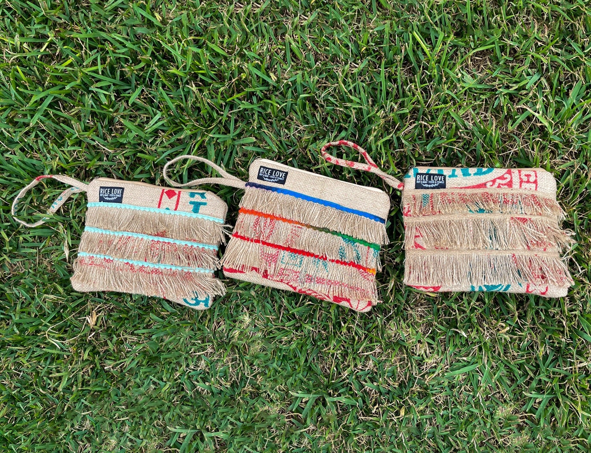 Recycled Fringe Clutch - Upcycled Jute Rice Bag Bag