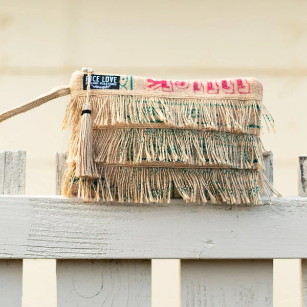 Recycled Fringe Clutch - Upcycled Jute Rice Bag Bag