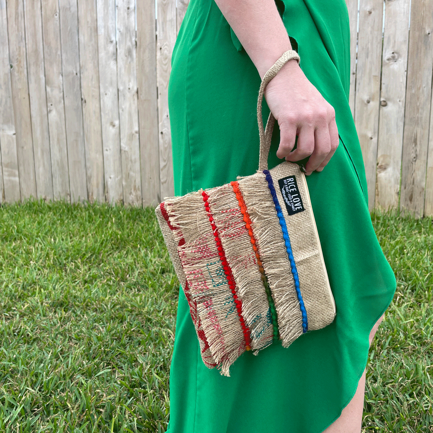 Recycled Fringe Clutch made from recycled burlap material