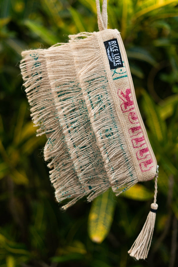 Recycled Fringe Clutch - Upcycled Jute Rice Bag Bag