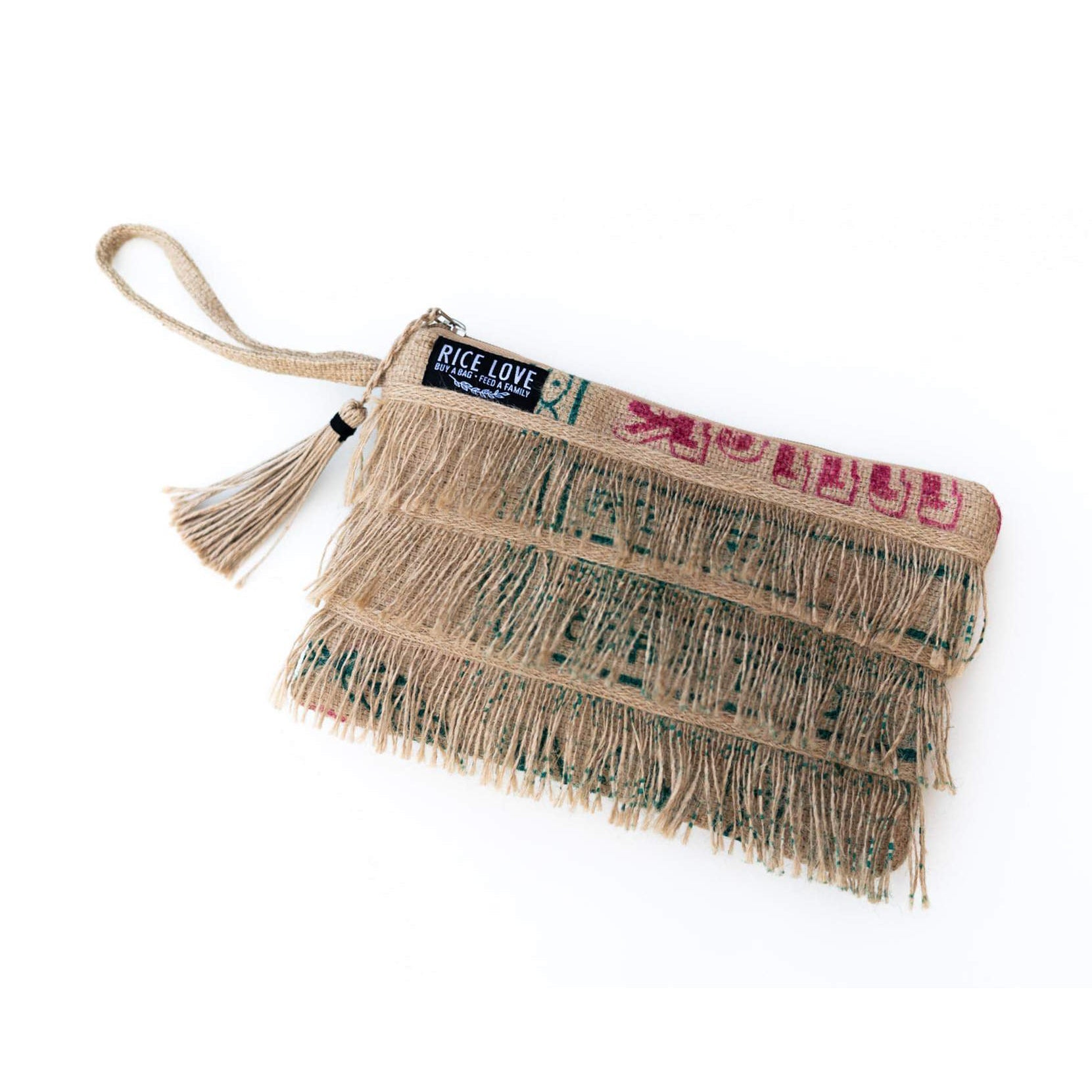 Recycled Fringe Clutch handmade from upcycled jute rice bags