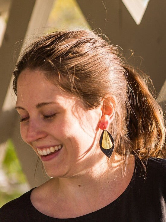 Recycled leather leaf-shaped brass earrings handmade by women in Ethiopia, Fair Anita