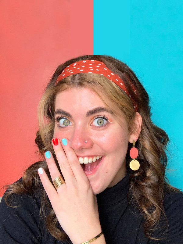 Fair Anita red fabric and brass oval drop earrings — nickel-free sustainable jewellery
