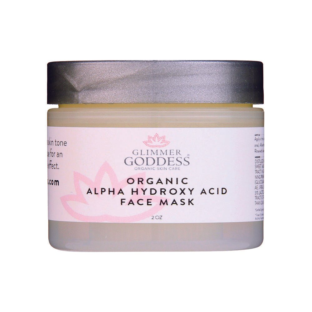 Glimmer Goddess Organic AHA Renewing Face Mask jar for glowing, radiant skin