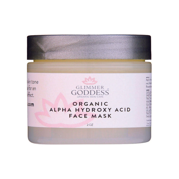 Glimmer Goddess Organic AHA Renewing Face Mask jar for glowing, radiant skin