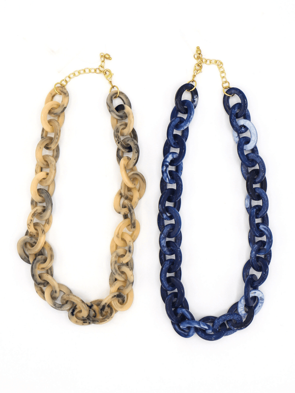 Fair Anita resin link necklace in navy blue and tan colourways, chunky chain design, ethically made in India