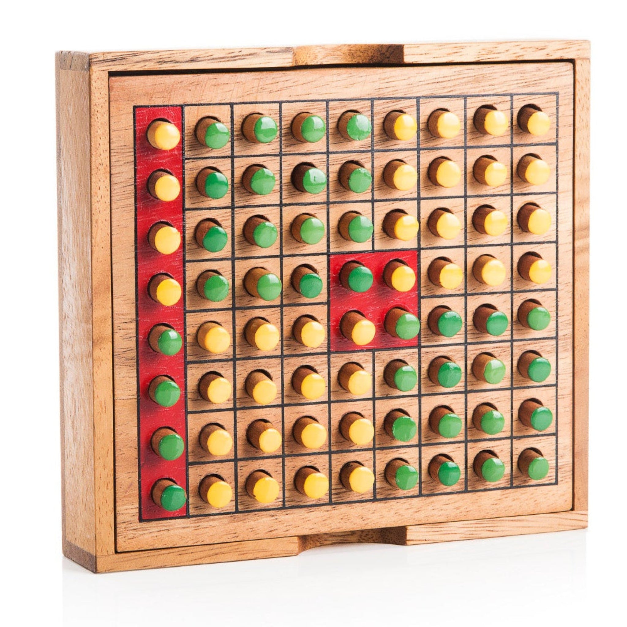 Wooden board game with colored pegs on a white background