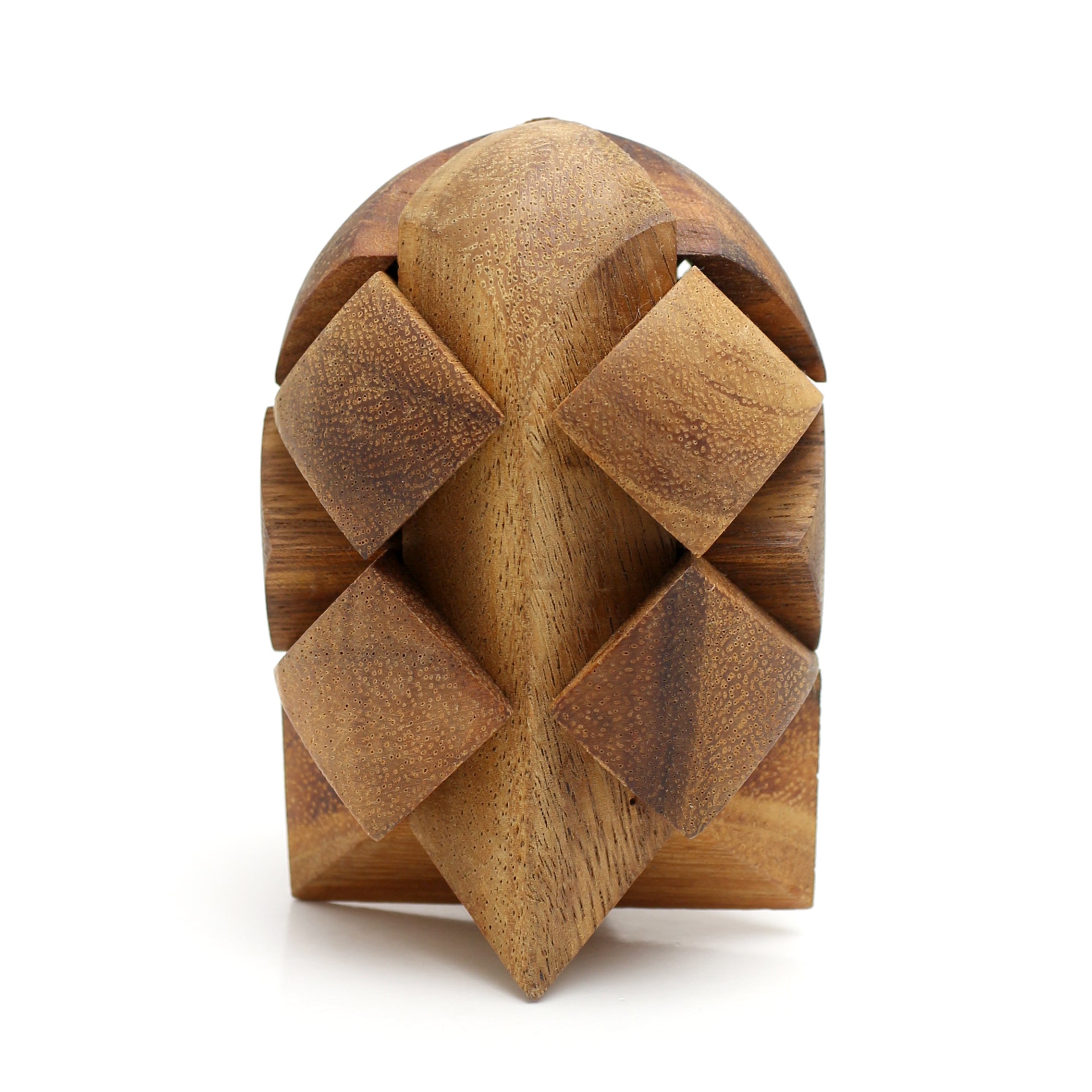 Wooden puzzle with interlocking squares on a white background