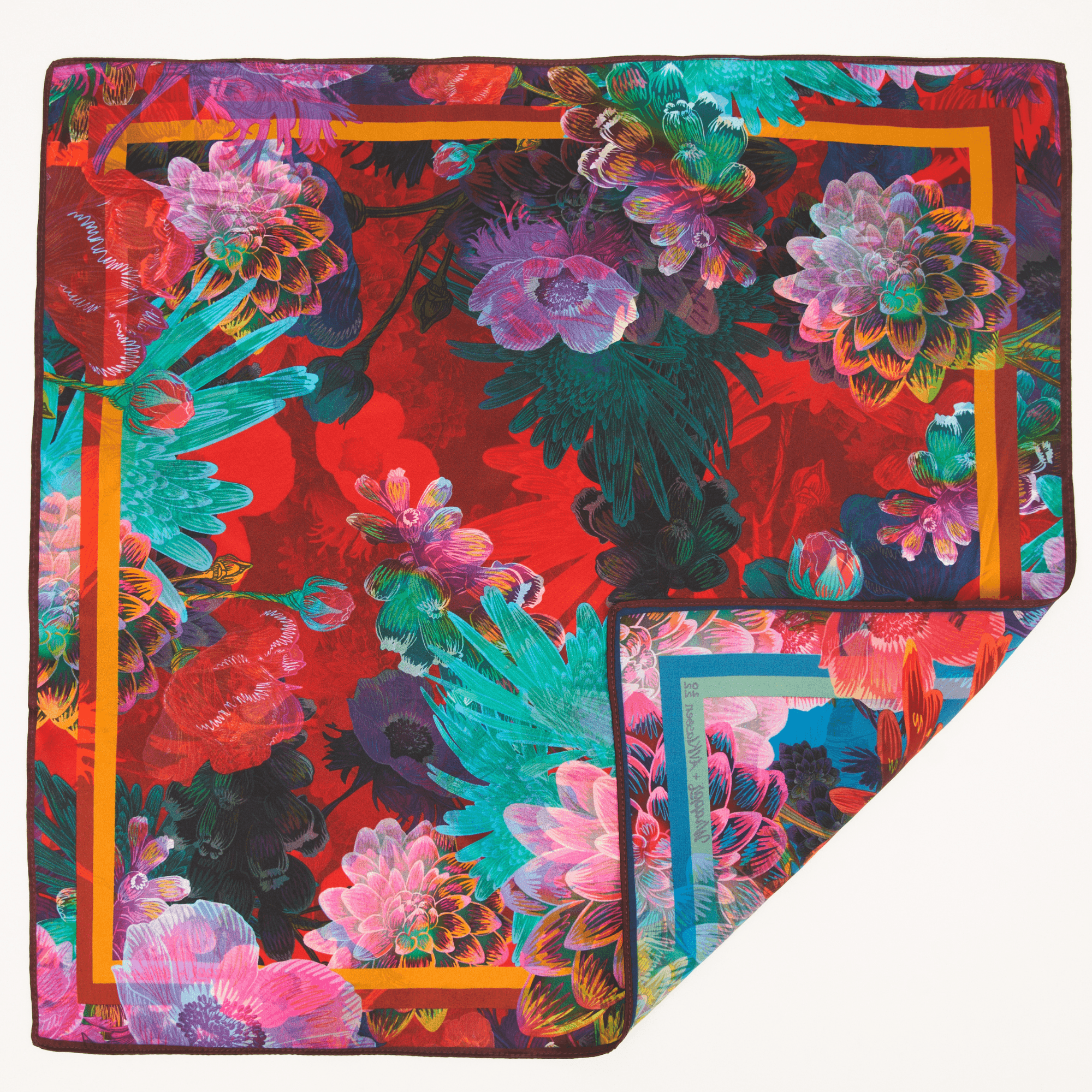 Rosebud 18 inch double-sided mulberry silk furoshiki gift wrap by artist Adam Klassen, front side showing vibrant summer floral design