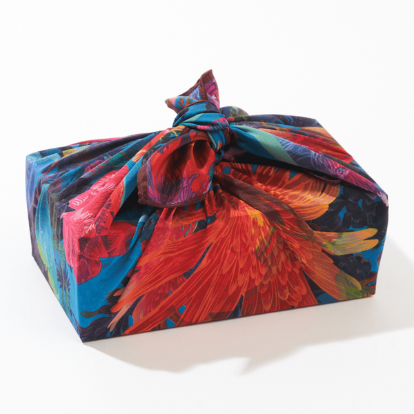 Reverse side of the Rosebud mulberry silk furoshiki wrap by Adam Klassen, showing complementary floral pattern and colours