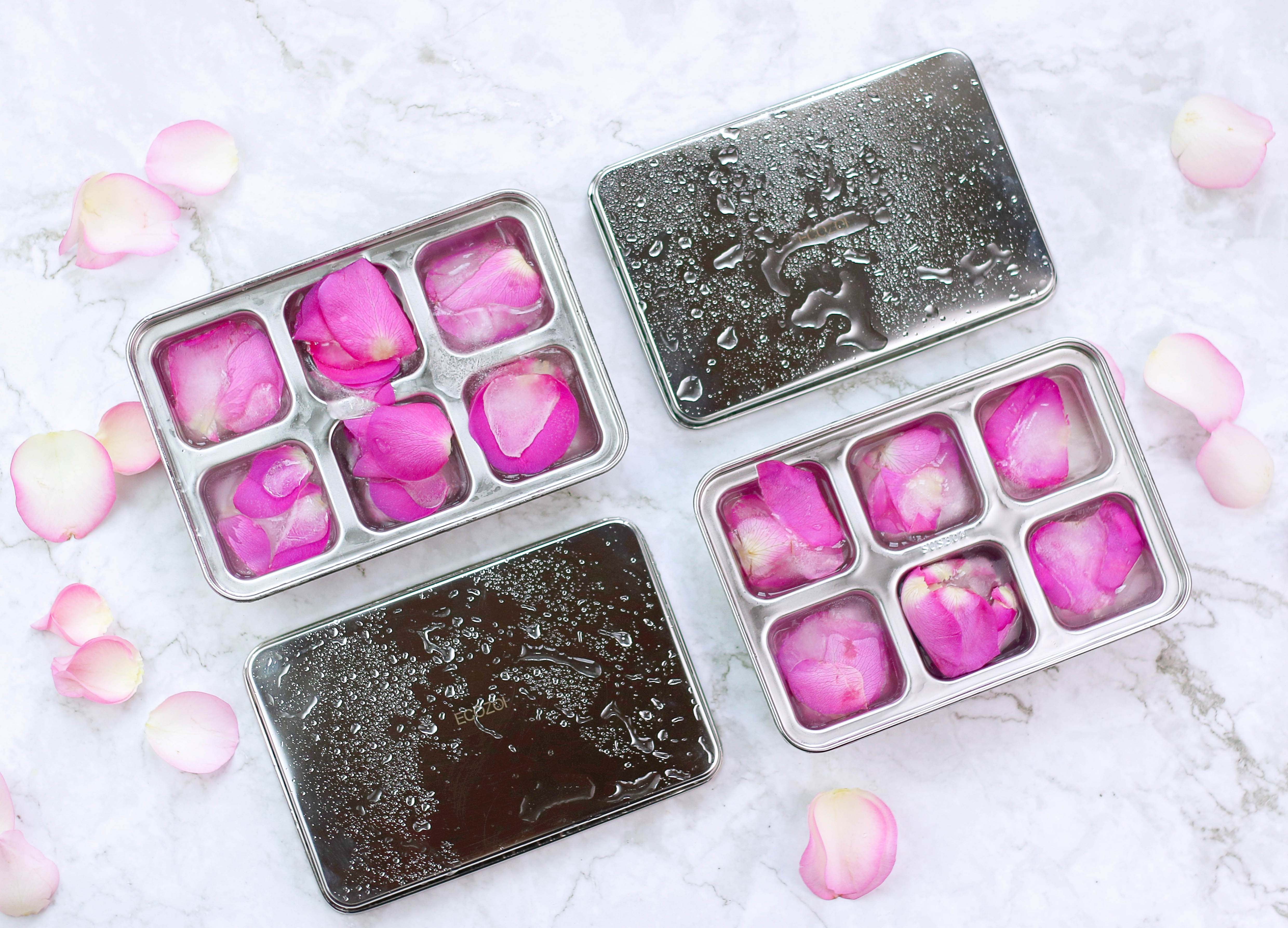 Close-up of large ice cubes released from ecozoi stainless steel ice tray