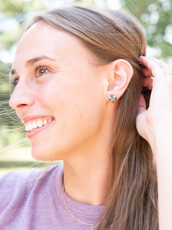 Close-up of rough labradorite pronged stud earrings by Fair Anita — ethical jewelry made by women artisans in India