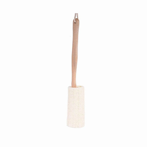 Cleaning brush with wooden handle and white bristle head on a white background