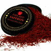 Tin of Premium Super Negin saffron threads shown in a small measured pile