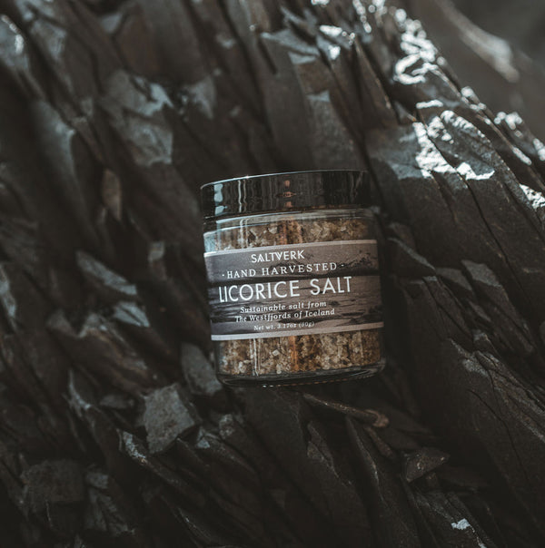 Icelandic Licorice Salt - savory, sweet, unexpected magic. Sustainable blend. Elevate desserts, game meat, popcorn. Unique gift. Shop now & ignite your palate!