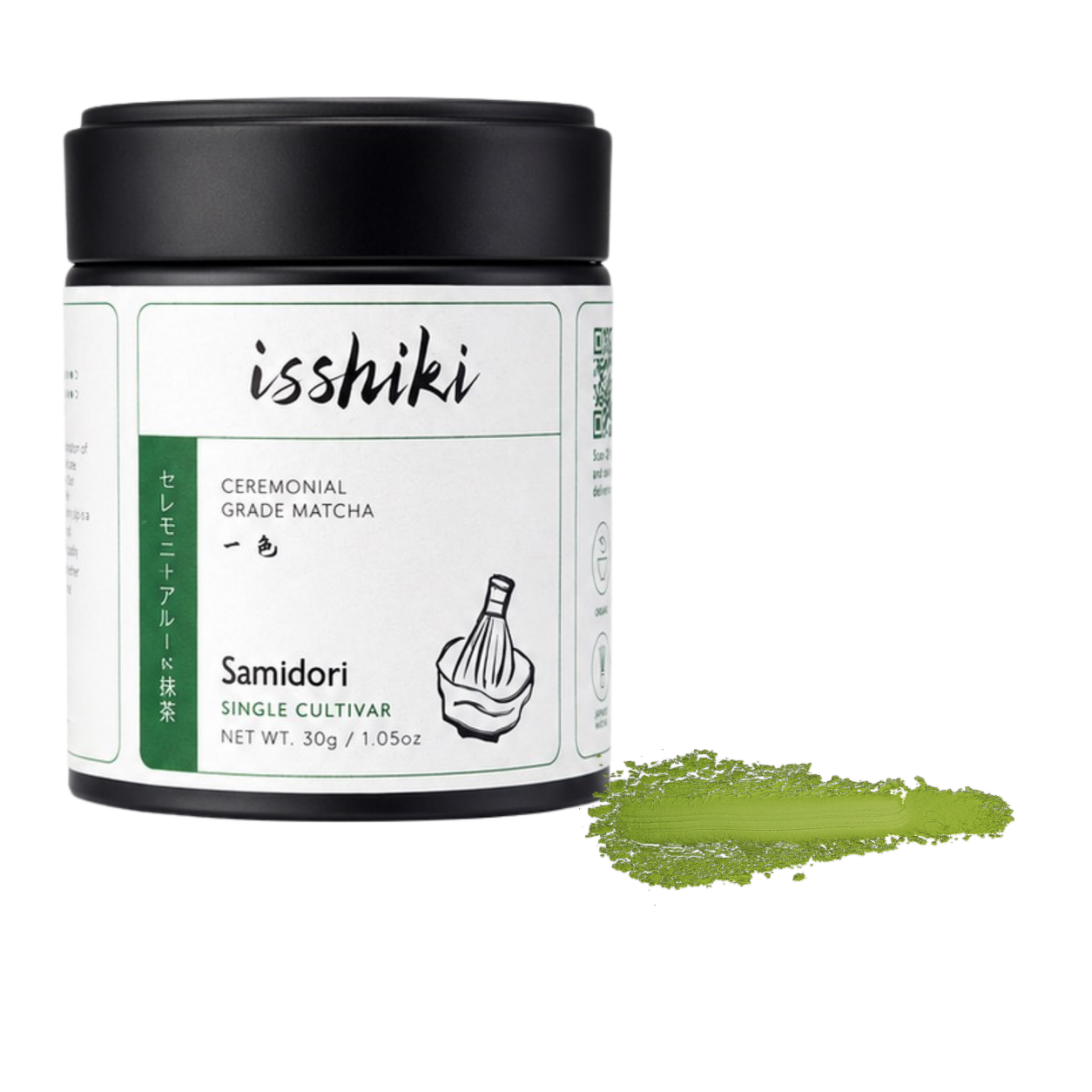 Samidori Single Cultivar Matcha pack with a smear of matcha powder