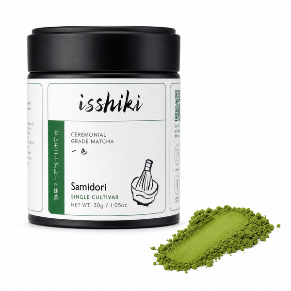 Samidori Single Cultivar Matcha pack shown with matcha powder