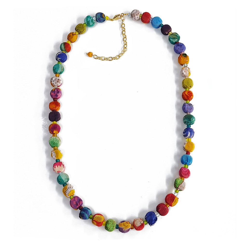 Colorful beaded necklace with a gold chain on a white background