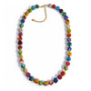 Colorful beaded necklace with a gold chain on a white background