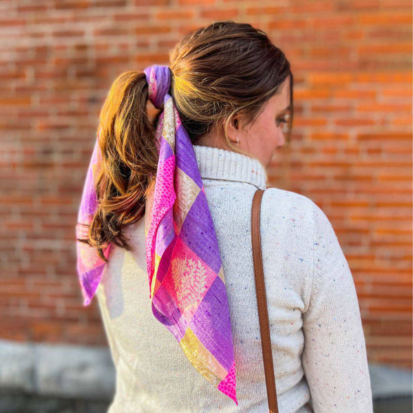 Woman wearing the Furoshiki sari silk cloth as a head scarf