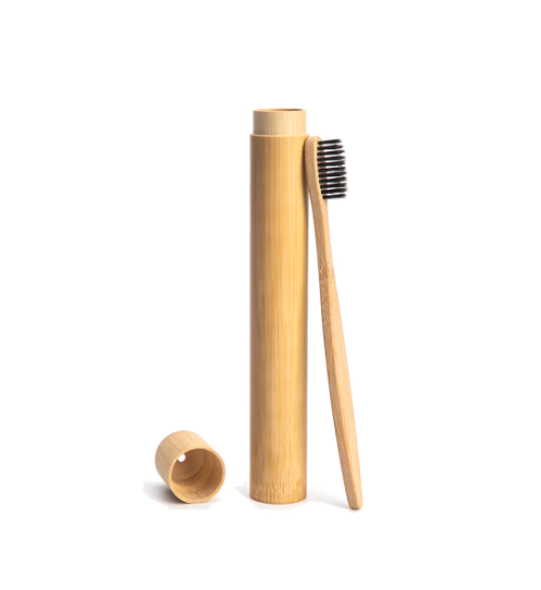 A photo of the bamboo travel toothbrush case, showing its sleek design and sustainable materials.