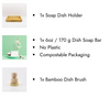 Product list with soap dish holder, dish soap bar, bamboo dish brush on a white background. Go plastic-free with the Eco-Friendly Dish Washing Starter Pack. Includes bamboo brush, soap dish, and natural dish soap bar for a sustainable clean.
