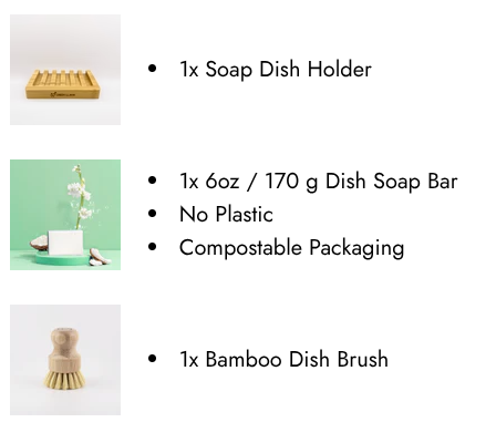 Product list with soap dish holder, dish soap bar, bamboo dish brush on a white background. Go plastic-free with the Eco-Friendly Dish Washing Starter Pack. Includes bamboo brush, soap dish, and natural dish soap bar for a sustainable clean.