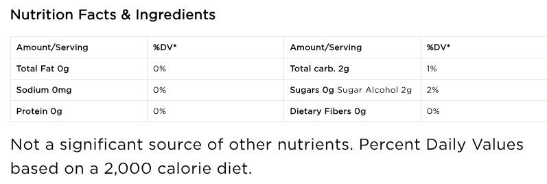 Nutrition facts and ingredients table with serving size, total fat, sodium, etc.