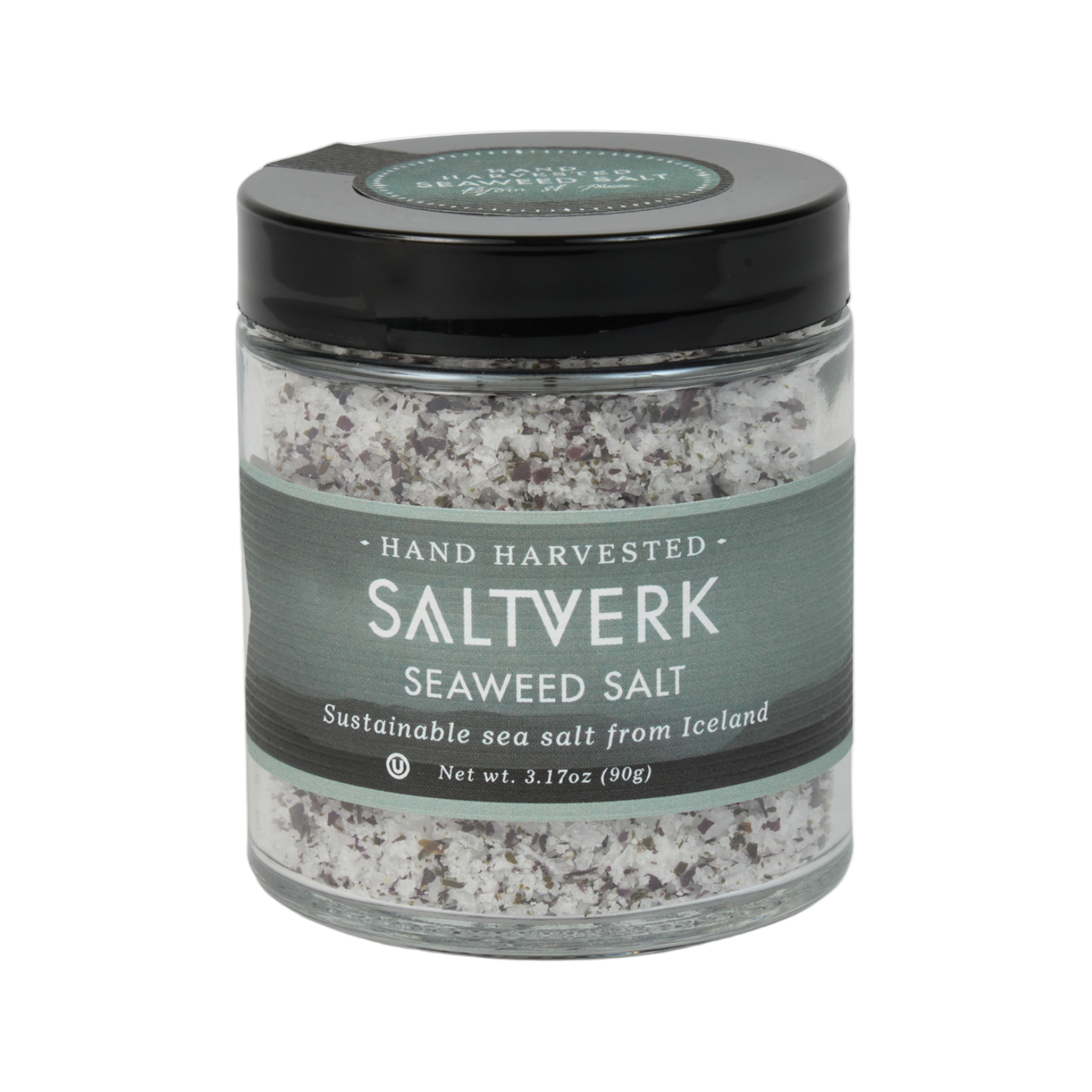 Jar of Saltverk Seaweed Salt on a white background