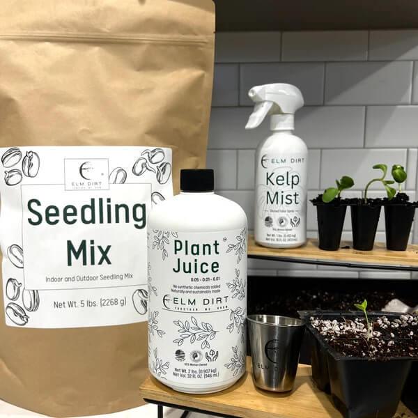 Elm Dirt Organic Seed Starting Bundle with seedling mix, Plant Juice microbial inoculant, Kelp Mist foliar spray and measuring glass