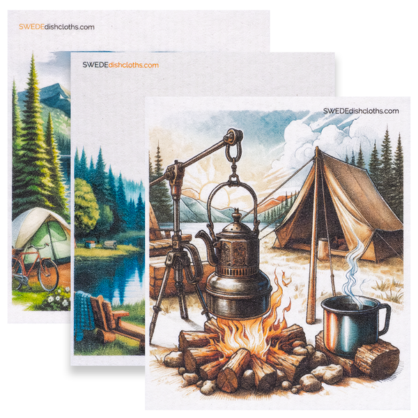 Set of three mixed camping design Swedish dishcloths laid out together — eco-friendly paper towel replacements by SWEDEdishcloths