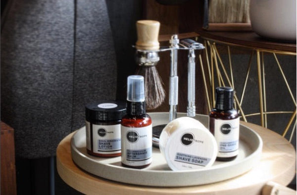 Heliotrope SF lavender shave soap in use with shave brush for a smooth, close shave