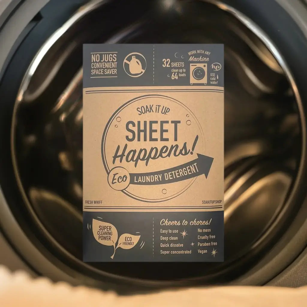 Close-up of Sheet Happens laundry detergent sheet – vegan, paraben-free, and cruelty-free formula