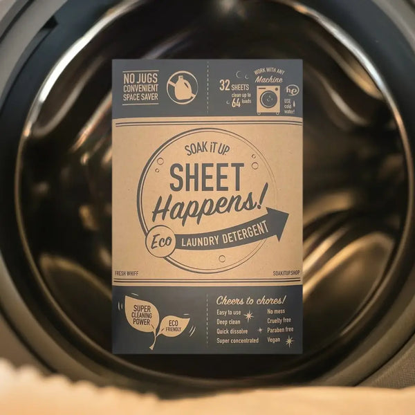Close-up of Sheet Happens laundry detergent sheet – vegan, paraben-free, and cruelty-free formula