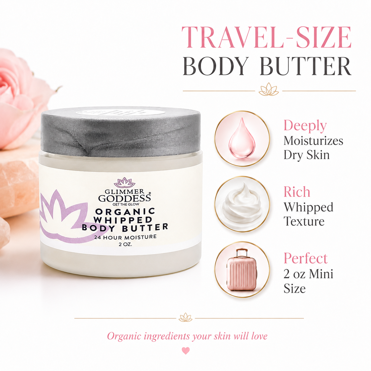 Organic Whipped Body Butter 2 oz – Travel Size for Dry Skin