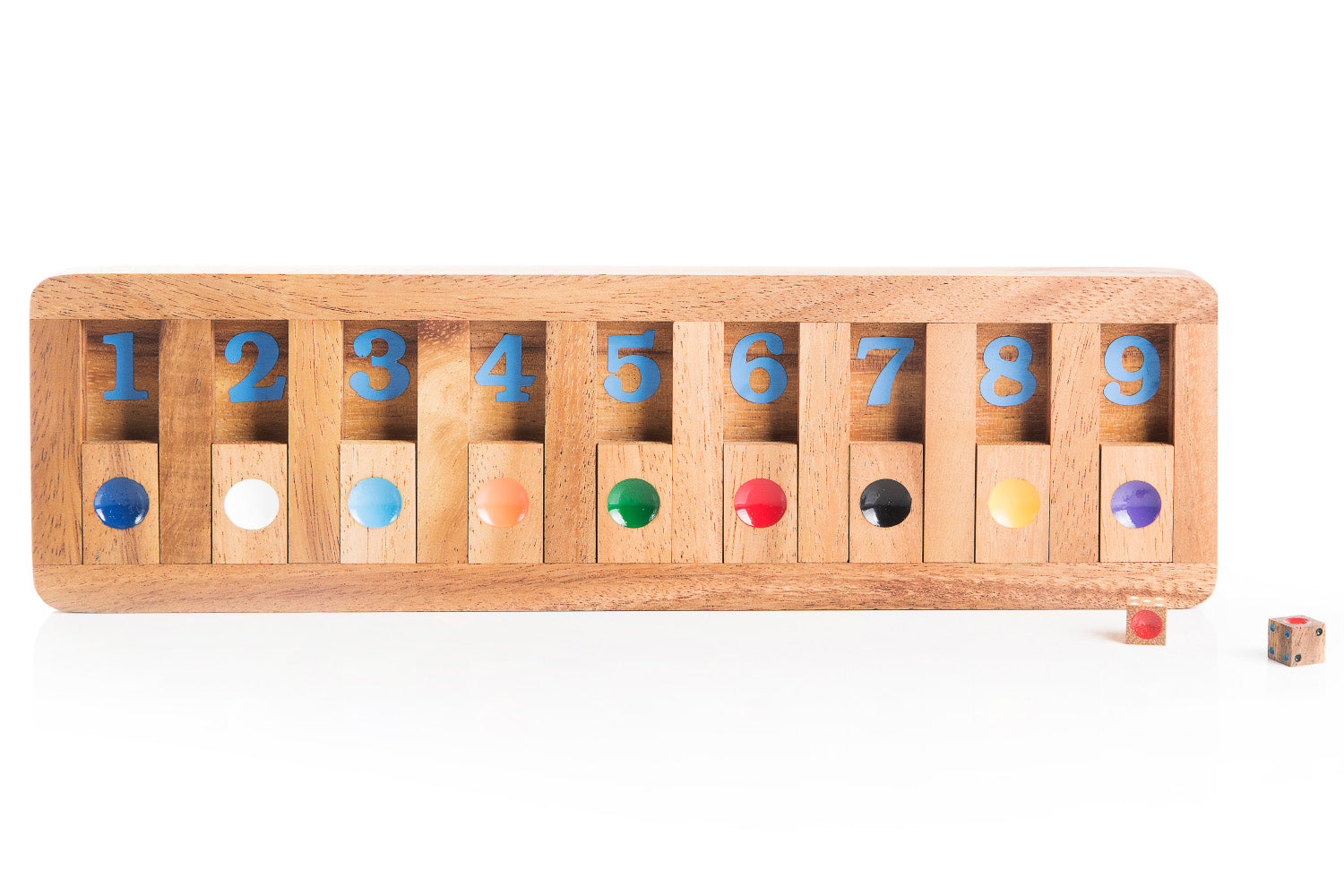 Shut the Box wooden mathematical multi-player game by Kubiya Games on a flat surface