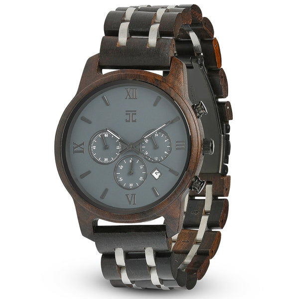 Silver Fox black sandalwood chronograph wooden watch with stainless steel accents and three subdials
