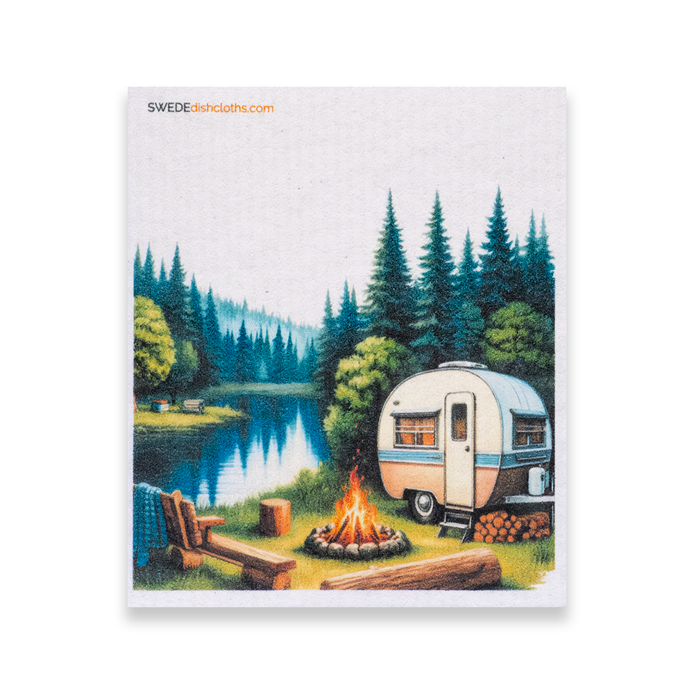 Single Swedish dishcloth with camping design, made from natural wood pulp cellulose and cotton fibres