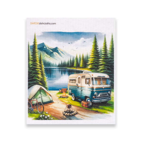 Close-up of a single reusable Swedish dishcloth from the mixed camping set showing print detail